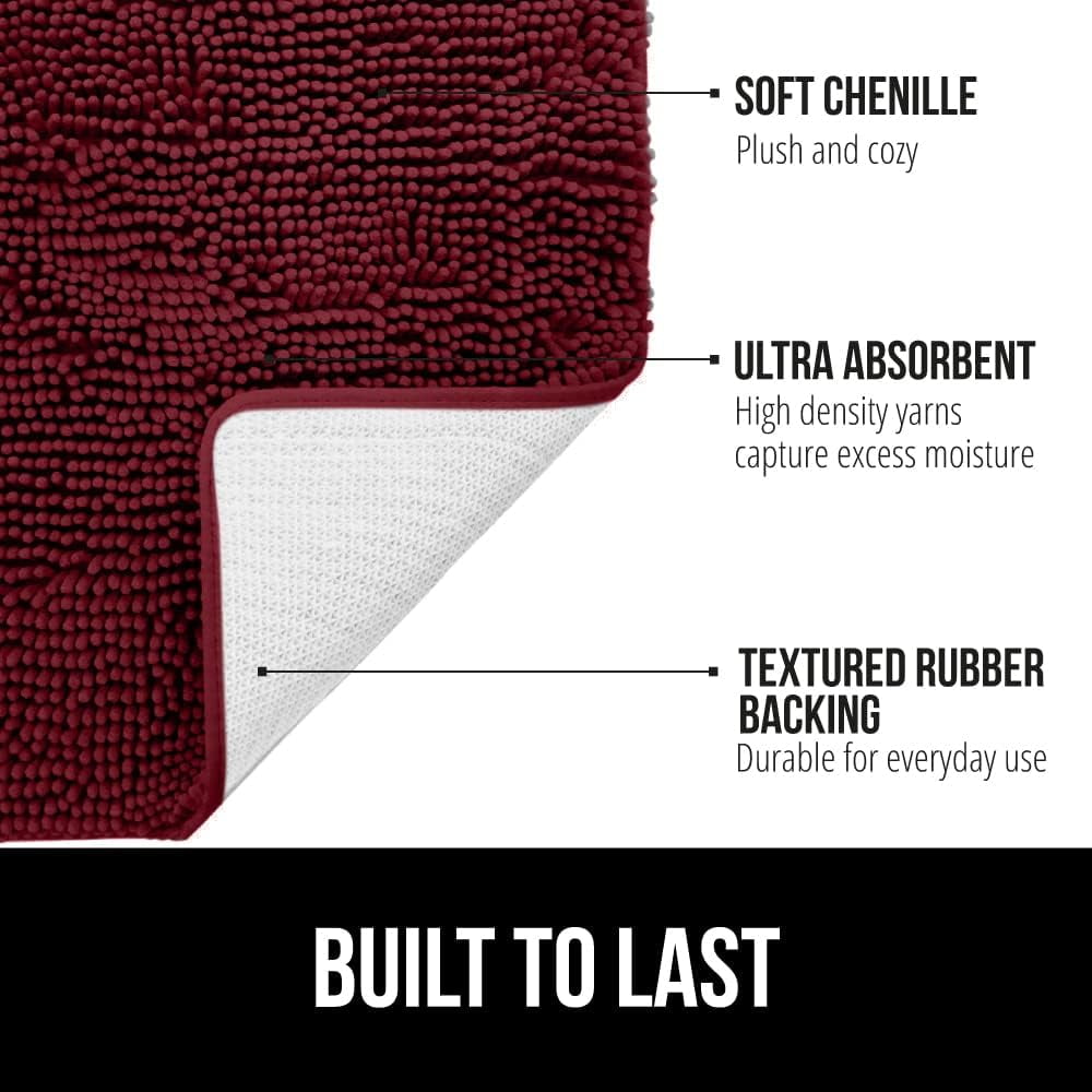 Bath Rug 30x20, Thick Soft Absorbent Chenille, Rubber Backing Quick Dry Microfiber Mats, Machine Washable Rugs for Shower Floor, Bathroom Runner Bathmat Accessories Decor, Burgundy