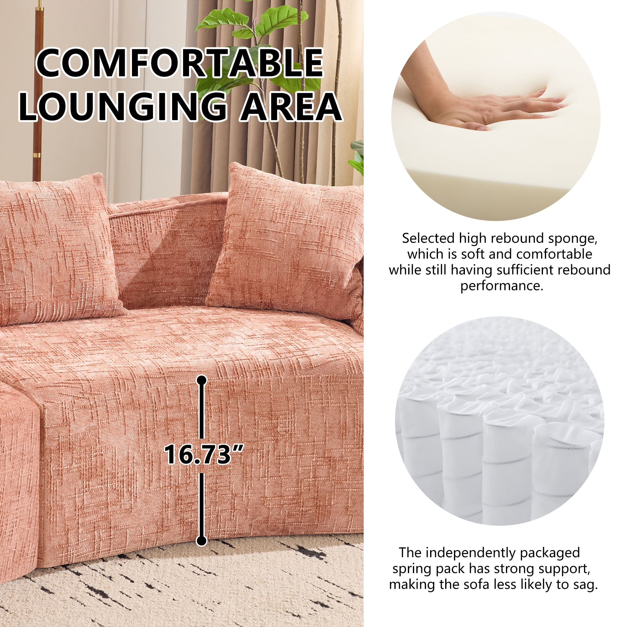 Curved Sofa, Pink Compressed Chenille Sectional with Soft Fabric and Foam Spring Support, Modern 109-Inch Multi-Seater for Apartment Living Room