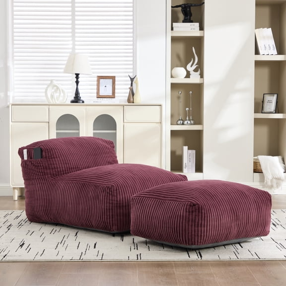 Pawverly Large Bean Bag Chair with Ottoman, Memory Foam Beanbag Sofa for Adults, Soft Corduroy Lounge Chair for Living Room, Bedroom or Balcony, Claret