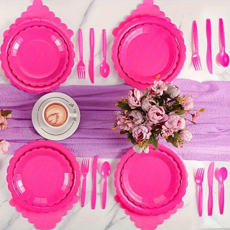 100pcs Rose Red Party Tableware Set for 25 Guests, Oil-proof and Leak-proof, Ideal for Birthday Parties, Gatherings and Picnics, Unique and Beautiful Pink Paper Plates and Hot Pink Party Decorations