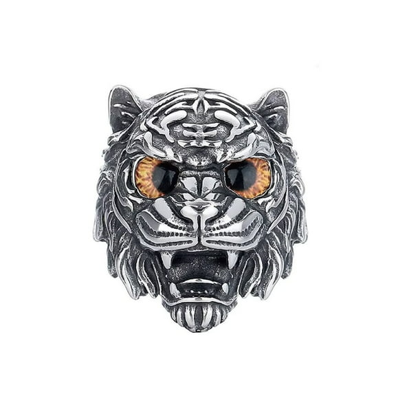 PAMTIER Men's Stainless Steel Vintage Domineering Cool Punk Gothic Roaring Tiger Head with Devil Bloody Eye Gemstone Biker Ring Brown Size 9
