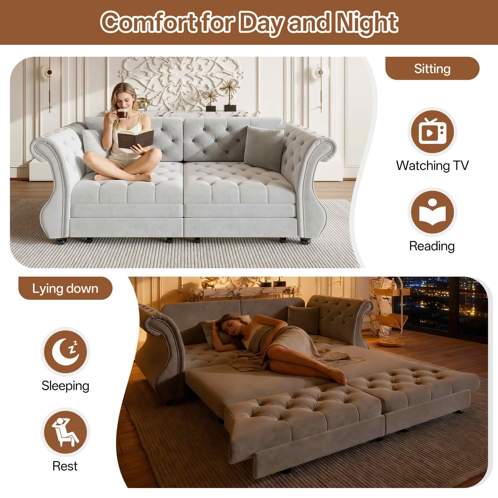 MAYEERTY 83.8" Chesterfield Pull‑Out Sofa Bed, Classic Roll‑Arm Velvet Couch with Flower Tufting, 2 Pillows Included for Living Room, Bedroom and Apartment