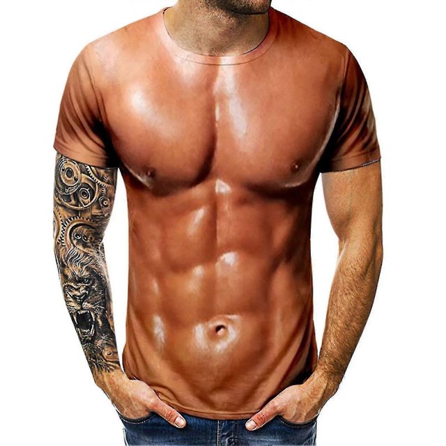 Men"s 3d T-shirt Bodybuilding Simulated Muscle Shirt Nude Skin Chest Muscle Tee Shirt Short-sleeve
