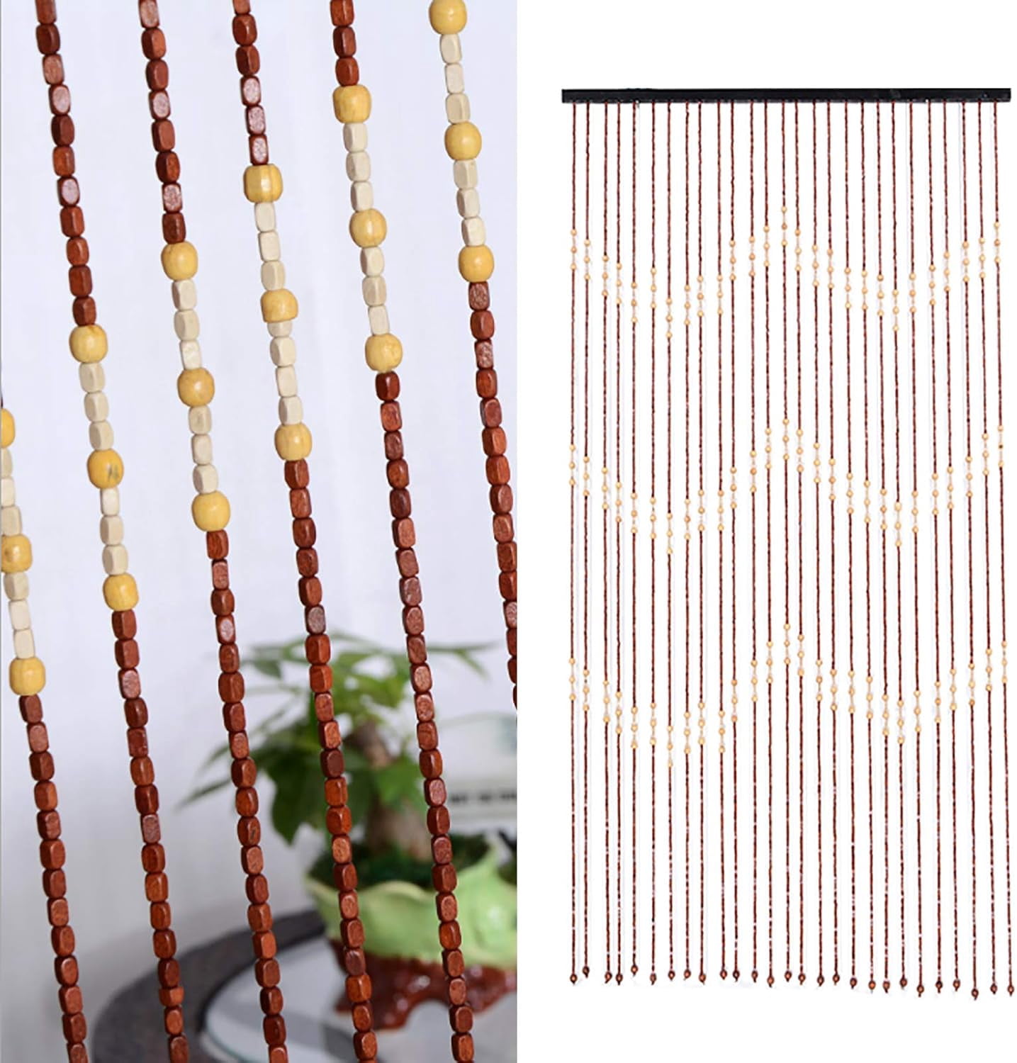 35x68 Inch Brown Beaded Curtain, 27 Lines Door Curtain Wooden Bead Curtain Brown Retro Bead Divider Curtain Decorative Curtains for Decoration Room Kitchen
