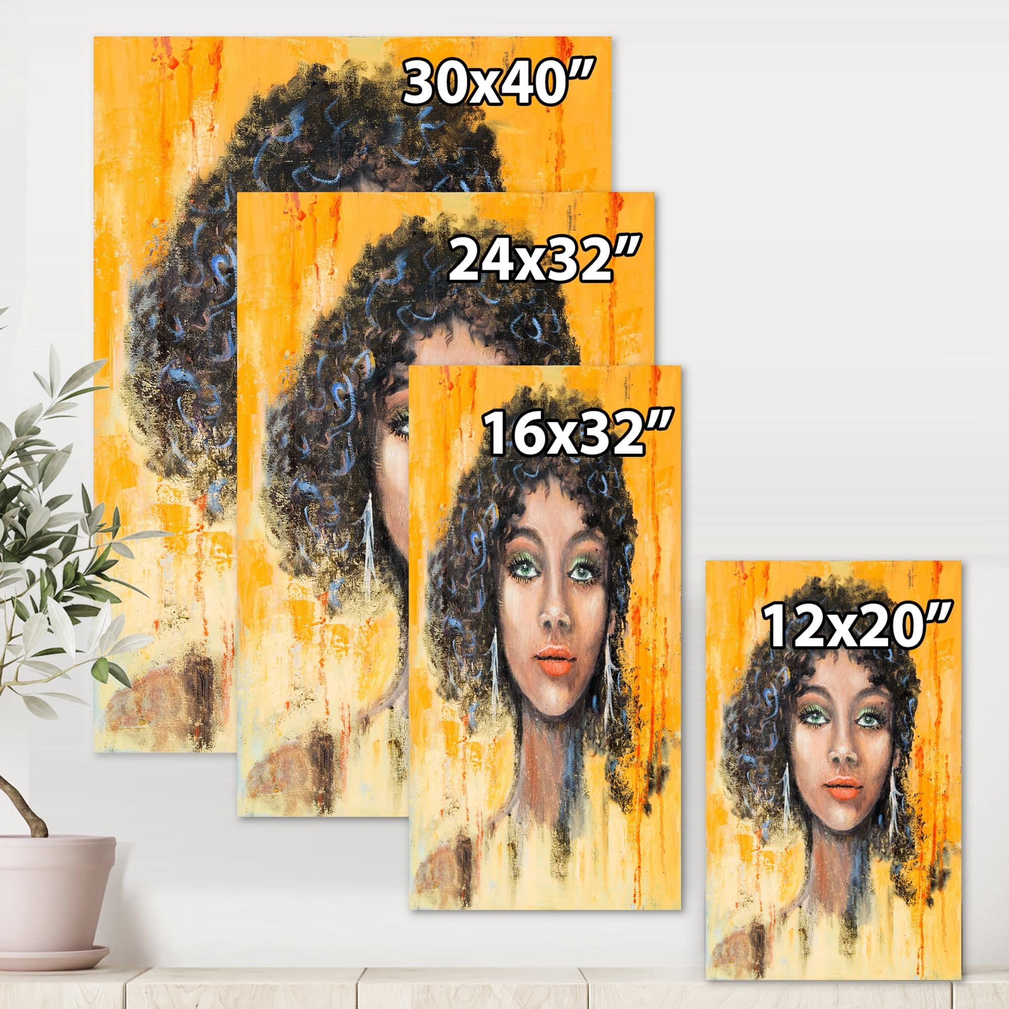 Designart ' Girl Face With Green Eyes & Black Hair Impression ' Modern Canvas Wall Art Print