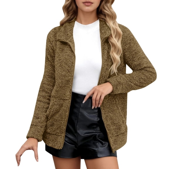 Kukoosong Women's Fleece Jackets, Fashion Zip Up Thicken Soft Fuzzy Fleece Coats, Trendy Winter Warm Sherpa Jacket Outwear with Pockets