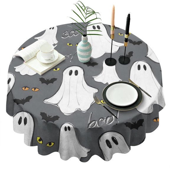 60 Inch Round Halloween Tablecloth - Machine Washable Waterproof Vintage Spooky Cute Ghost Pumpkin Design