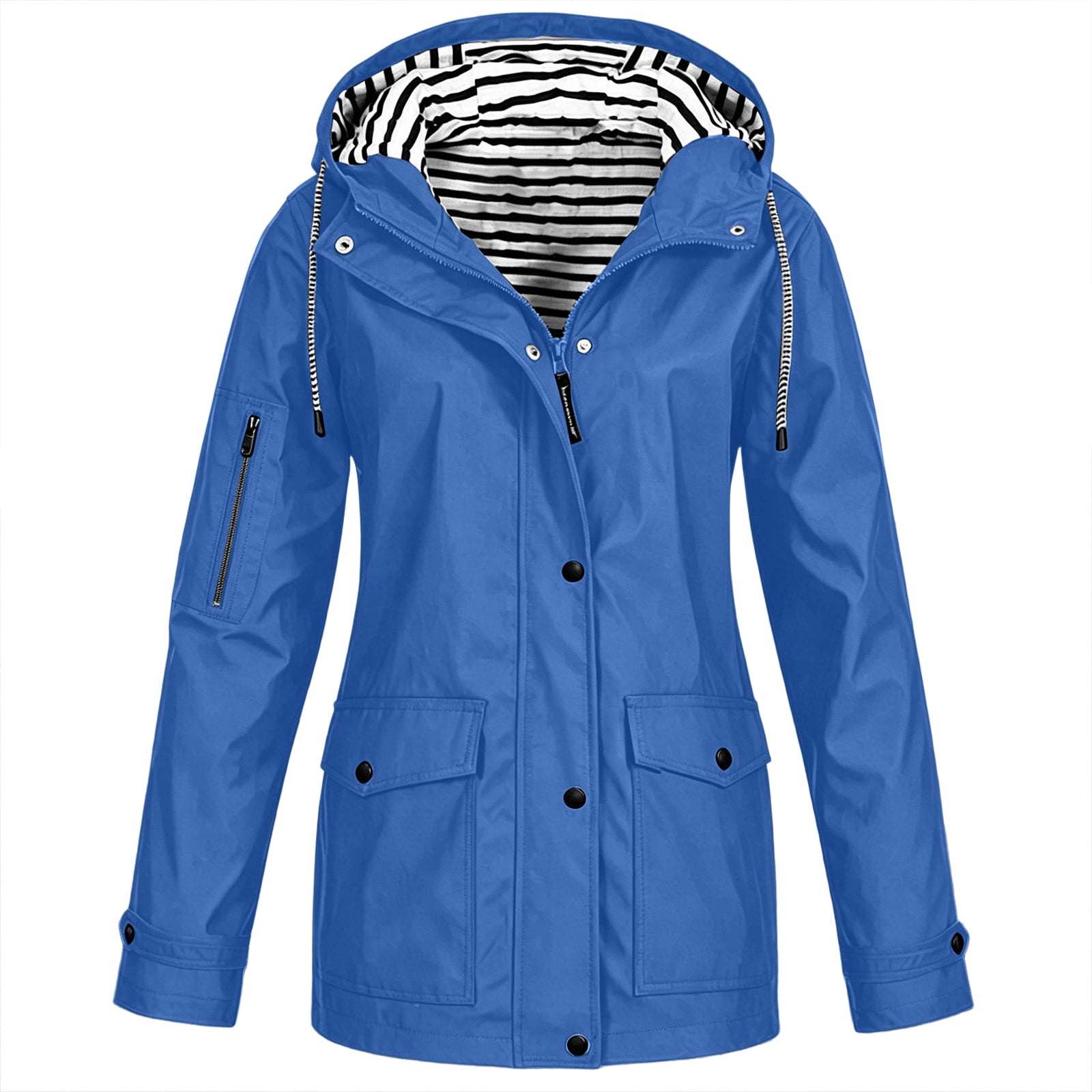 Puntoco Women s Lined Waterproof Hooded Rain Coat Hook & Loop Cuff Windproof Outdoor Jacket Blue-B XL(XL)