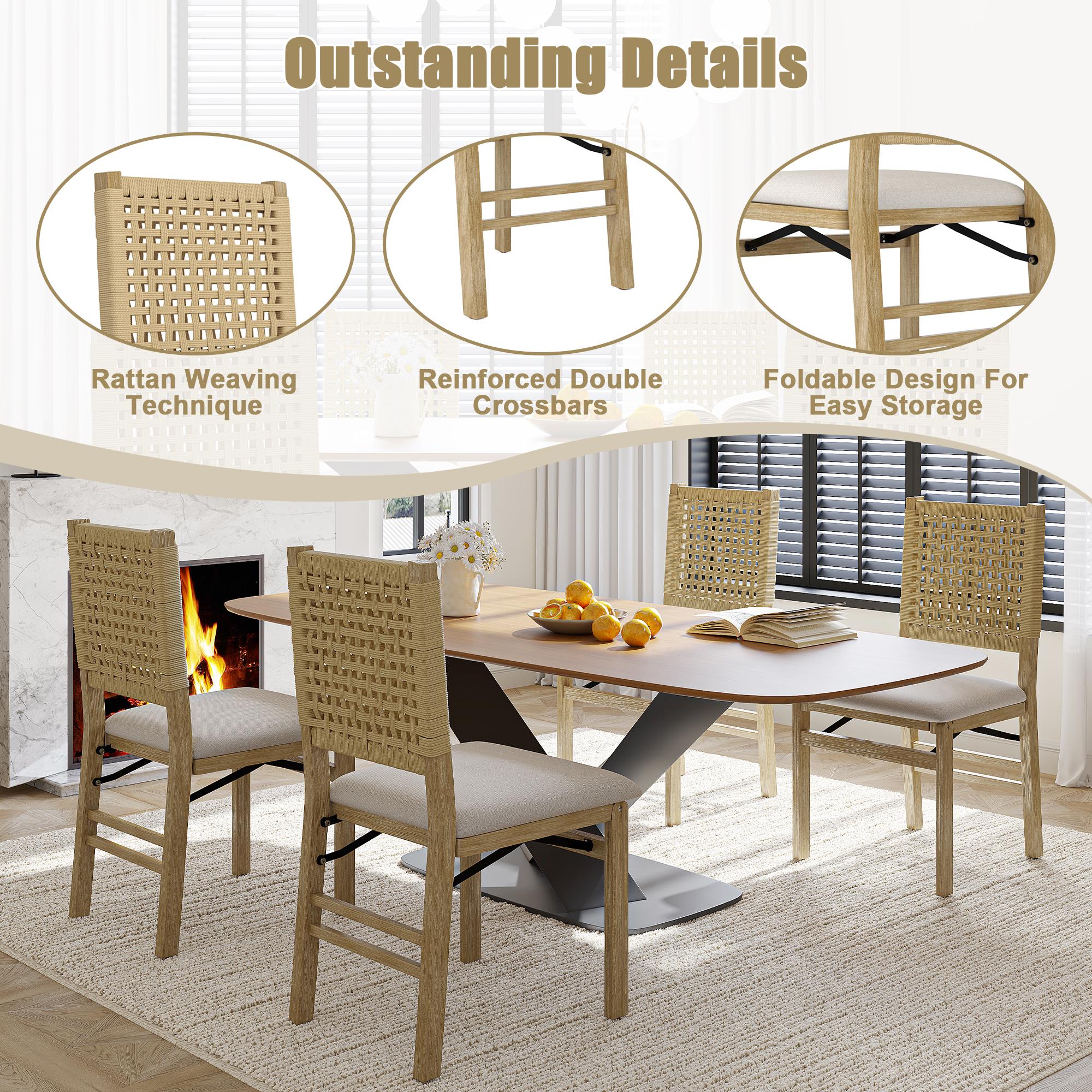 MOONMISS Scandinavian Style Solid Wood Frame Folding Dining Chair(set of 2) for Kitchen,Living Room