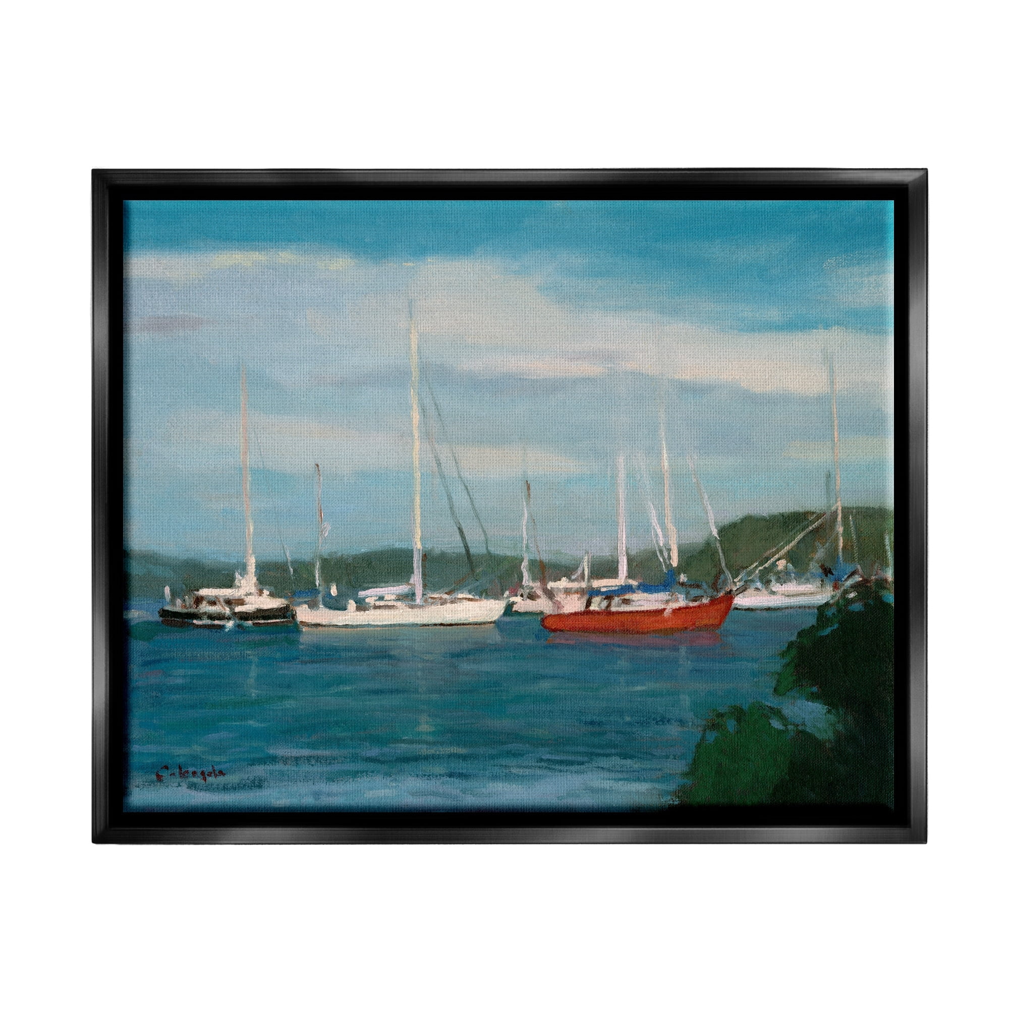 Stupell Industries Sailboat Fleet Afloat Ocean Water Distant Hills Painting Jet Black Floating Framed Canvas Print Wall Art, Design by Stephen Calcasola