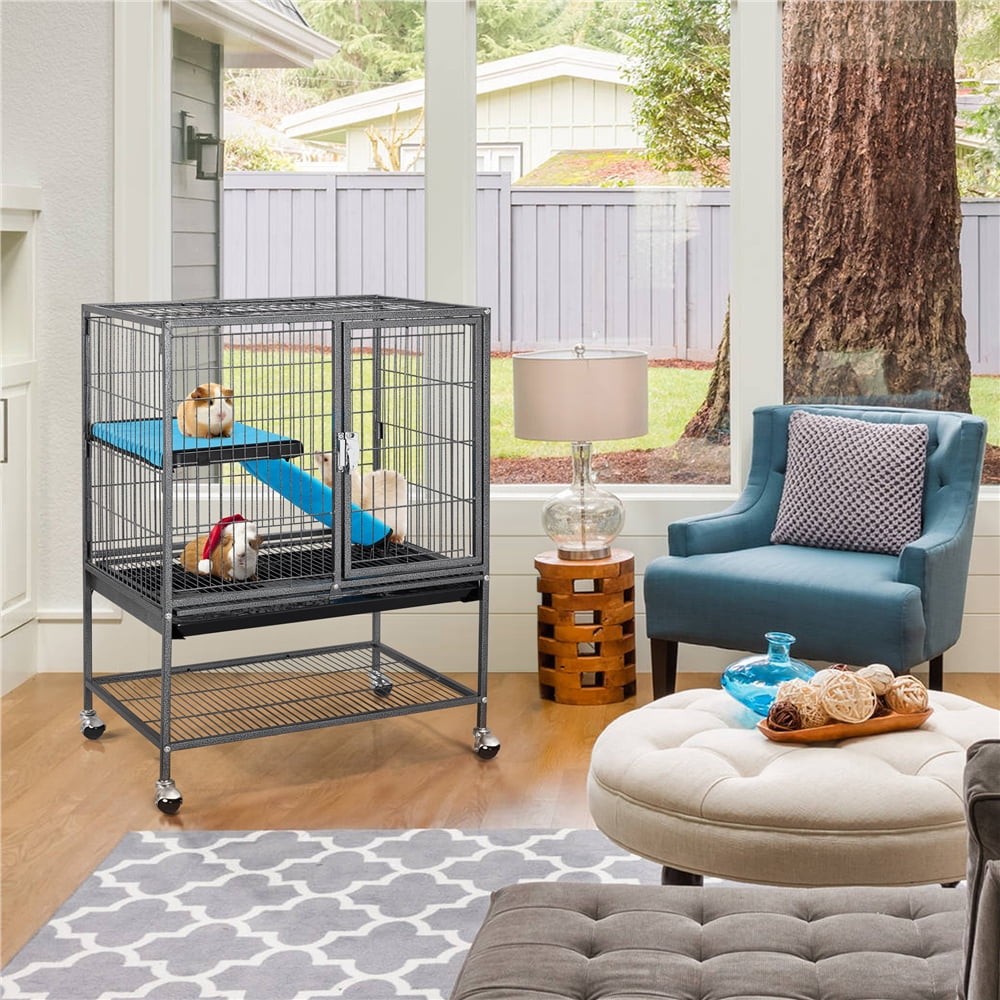Alden Design Rolling Metal Animal Cage with Removable Ramp & Platform, Black