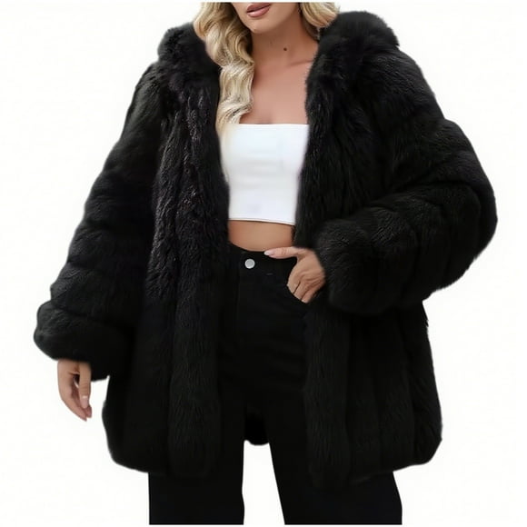 Lovzfmll Women's Faux Fur Coat, Warm Winter Solid Hooded Outerwear Style Black, M