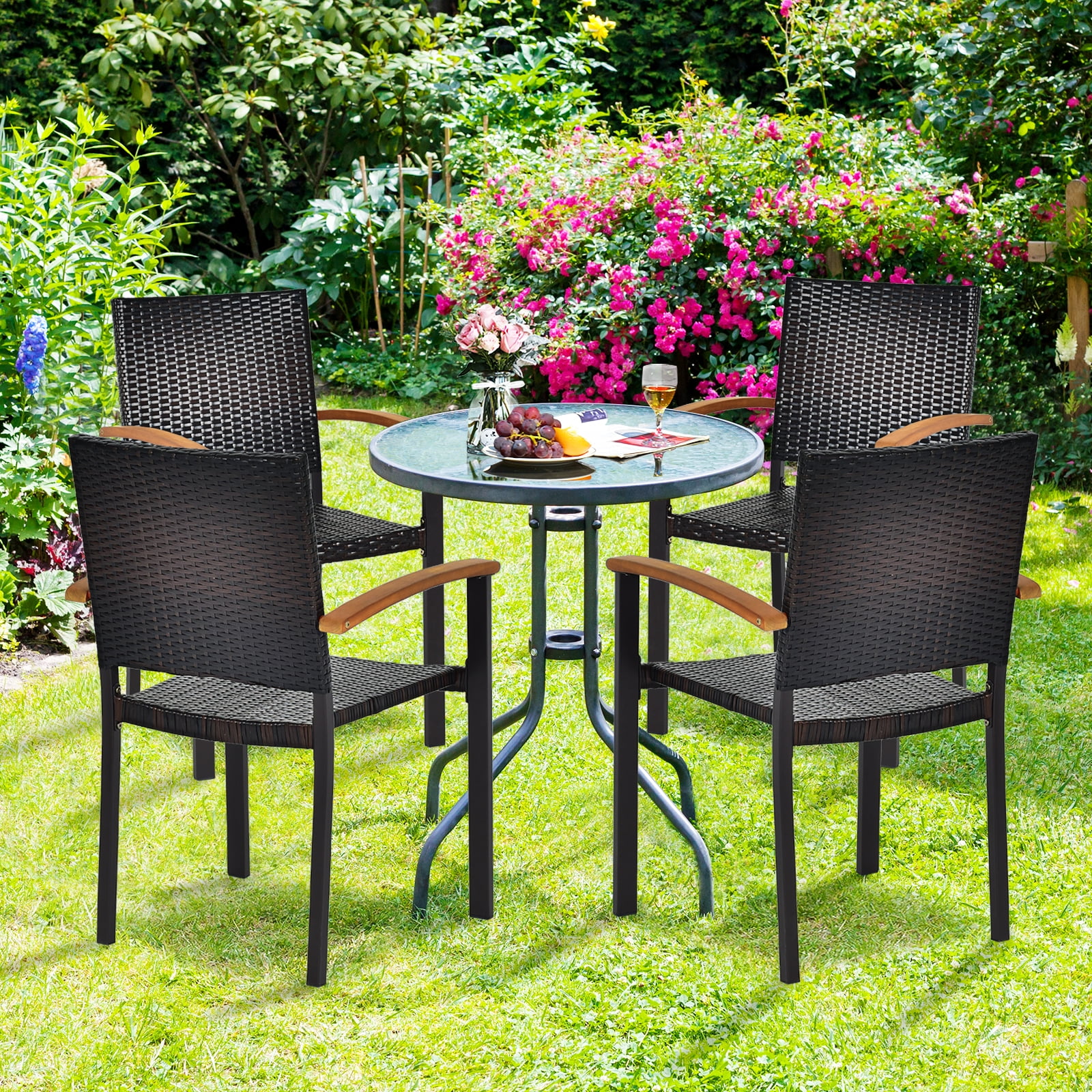 Patiojoy Patio Rattan Dining Armchair 4 Set of Wicker Chair W/Steel Frame Acacia Armrests Indoor&Outdoor