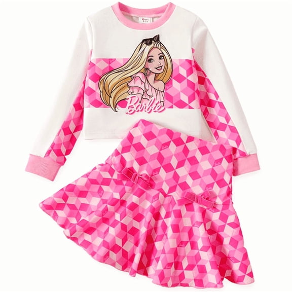 Barbie Girls Graphic Sweatshirts with Pink Plaid Pleated Skirt Set 2 Pieces Outfit Set Sizes 5-12