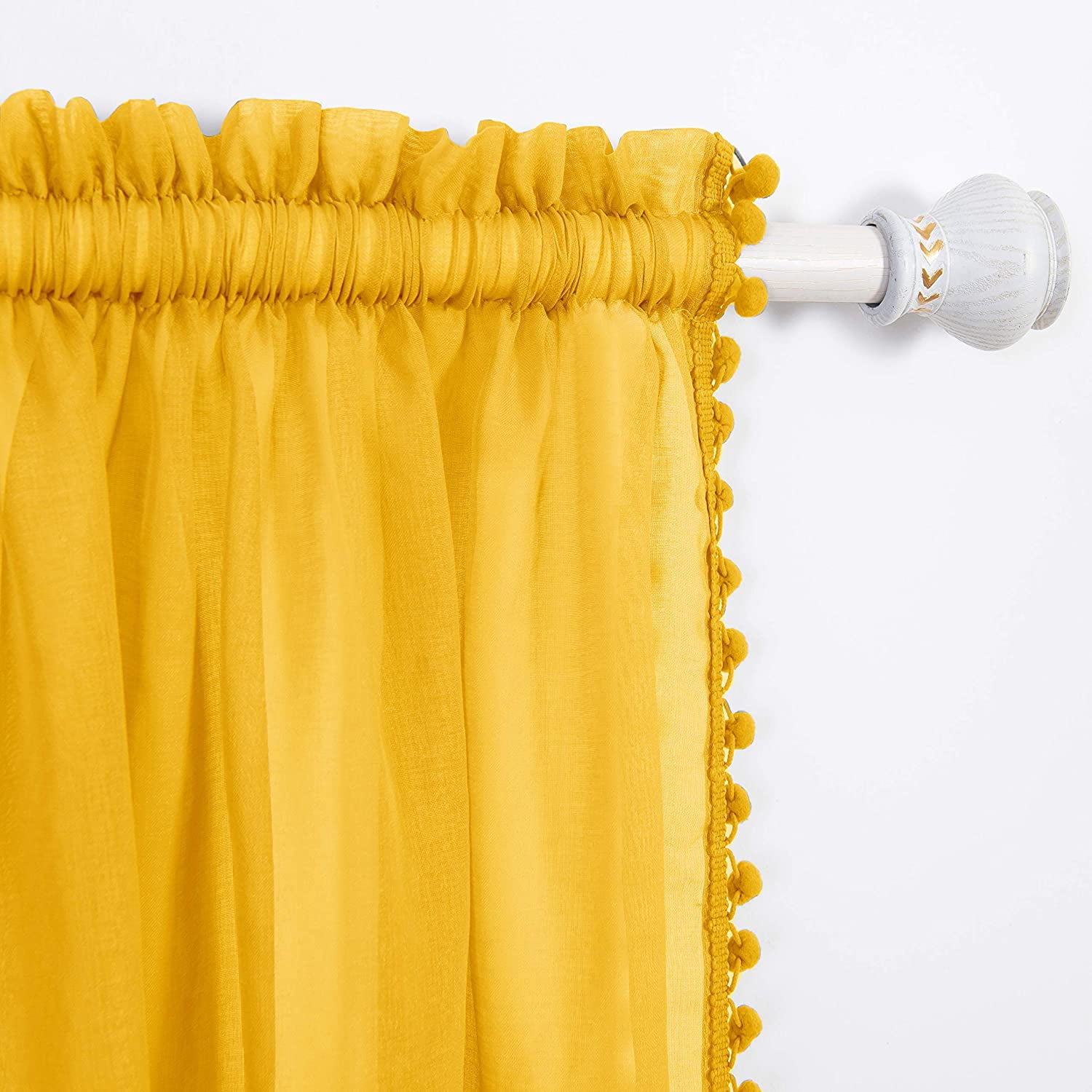 Pom Pom Tassled Sheer Curtain/Panel with 2" Rod Pocket-Set of 2 Curtain Panels,Bedroom
