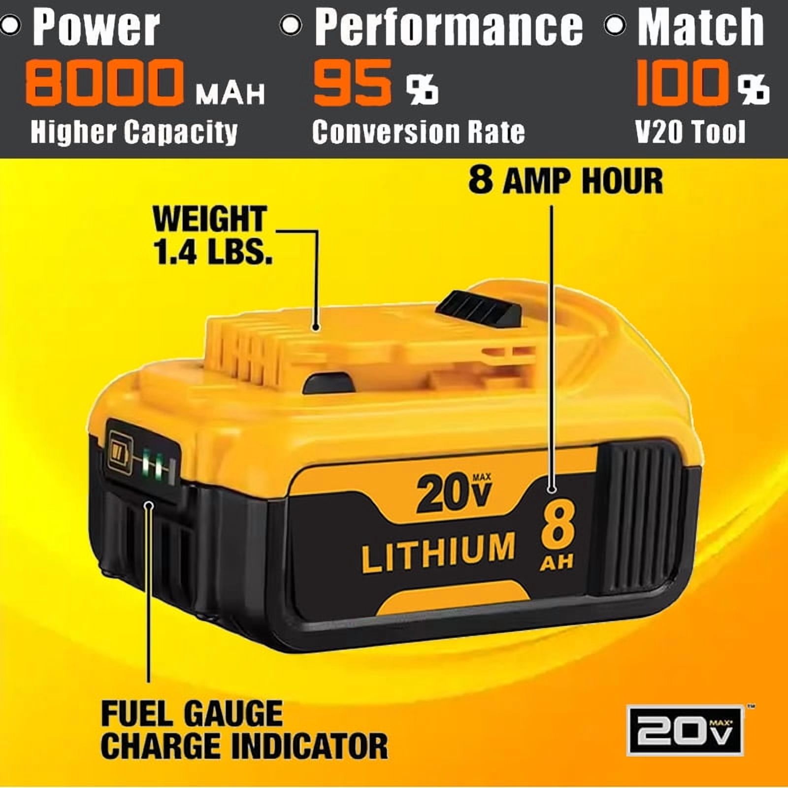 DCB200 8.0Ah Lithium Battery and 1pack 3A charger Withcharger Replacement for Dewalt 20V Battery Max XRCordless Tools DCB180 DCB206 DCB206-2 DCB204 DCB204BT-2 DCB203 DCB201 Wirelesspower t