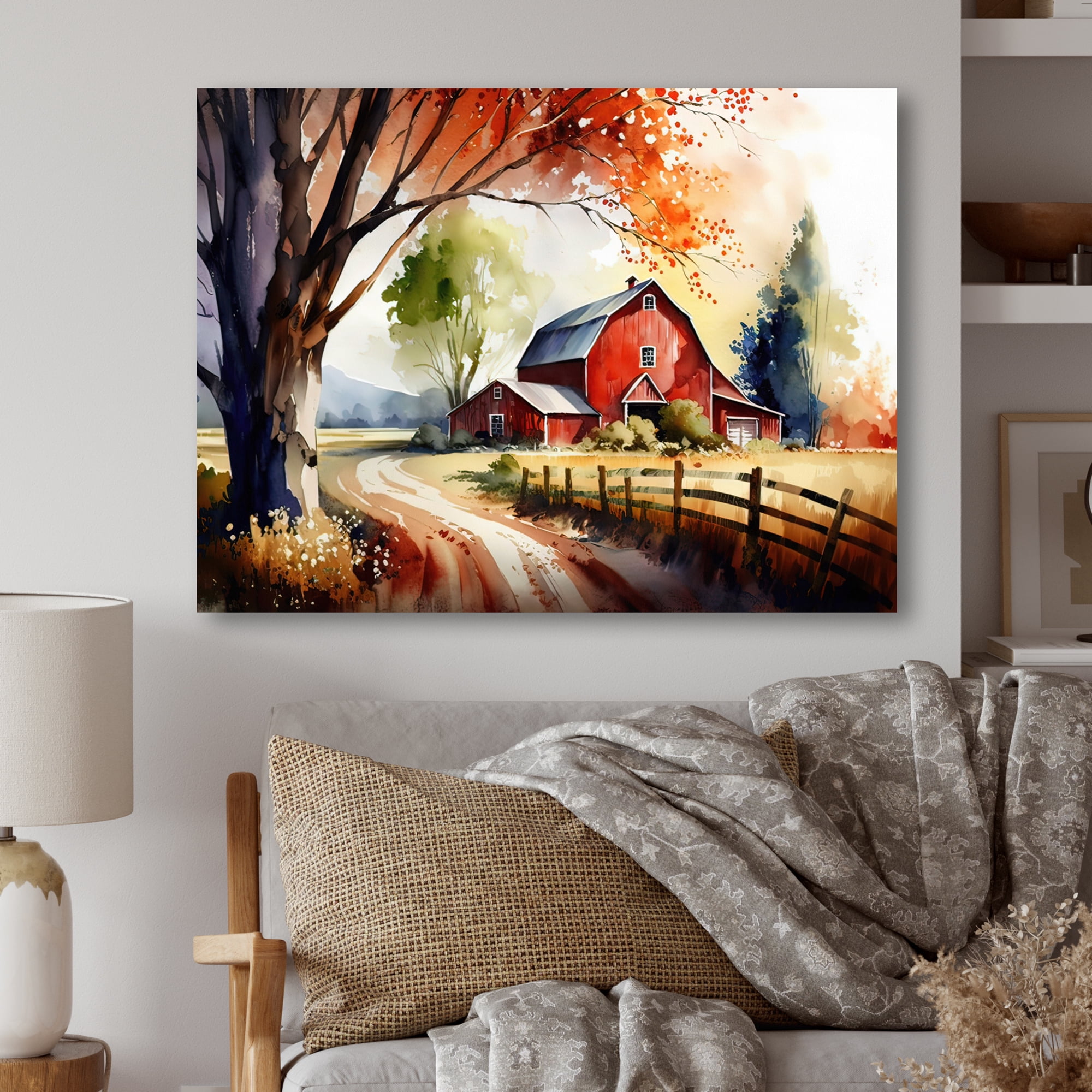 Designart Calm Red Barn In Spring VI Canvas Wall Art
