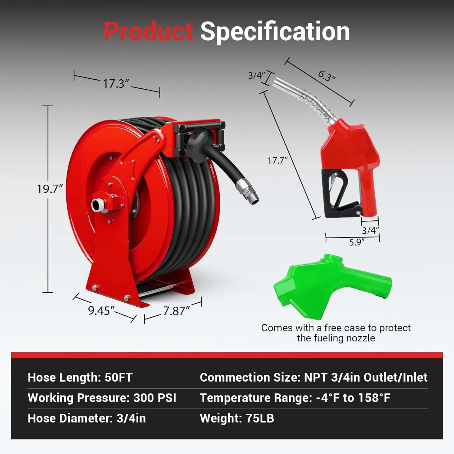 3/4“ x 50ft Diesel Fuel Hose Reel Retractable with Fuel Nozzle, 3/4 Inch Fuel Transfer Pump Hose, Auto Swivel Rewind, Max 300 PSI Tank Hose, Easy Use for Farms Boat Truck Bed Trailer Cart, Red