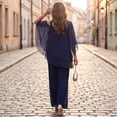 thumbnail image 4 of CIENVNSTG Mother Of The Bride Pant Suits Cold Shoulder Chiffon Ruffle Top And Wide Leg Pants Two Piece Pant Suit Wedding Guest Outfit Blue L, 4 of 6