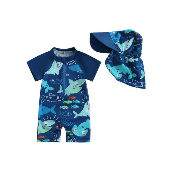 BemeyourBBs Toddler Baby Boy Shark One Piece Swimsuit Newborn Infant Boy Bathing Suit UPF 50 Short Sleeve Rash Guard Half Zipper Swimwear Sunhat Set