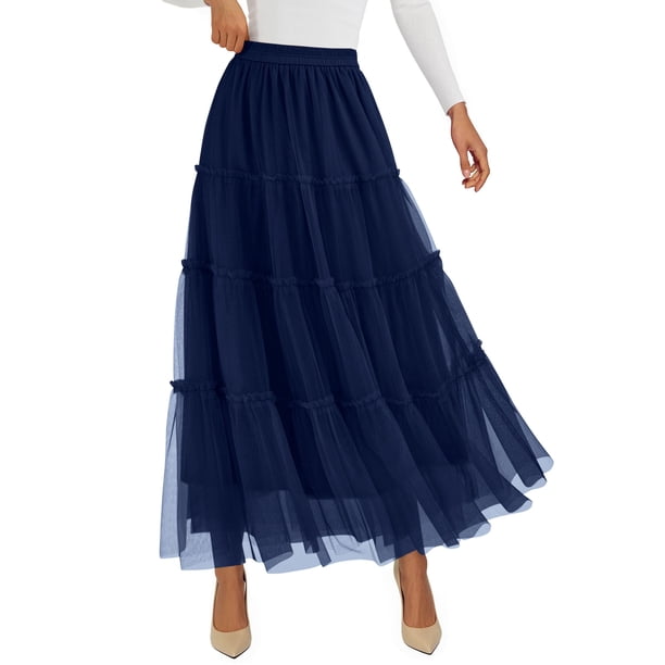 Falda PRETTYGARDEN de talle alto con volantes azul marino M