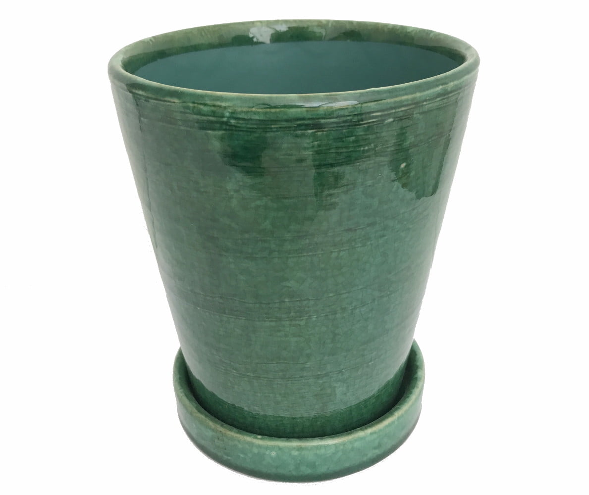 Tall Round Ceramic Planter and Saucer 6.5" x 5.25" Crackle Emerald
