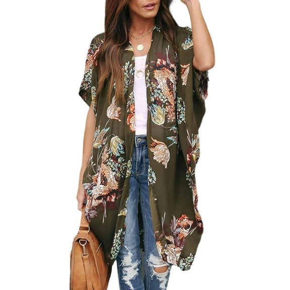 Sherrylily Women Floral Kimono Cardigans Short Sleeve Draped Beach Cover Up Cape