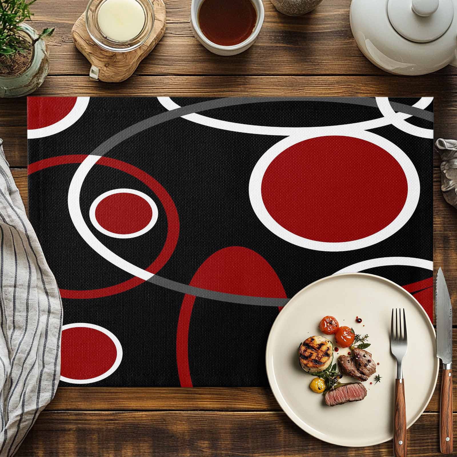 Placemats Set of 4, Black Red Circle Placemats Set of 4, Geometri Stripe Lines Abstract Art Tablemats Placemat Table Decoration for Kitchen Table Dinner Party Home Decor Indoor Outdoor 13x19 Inch