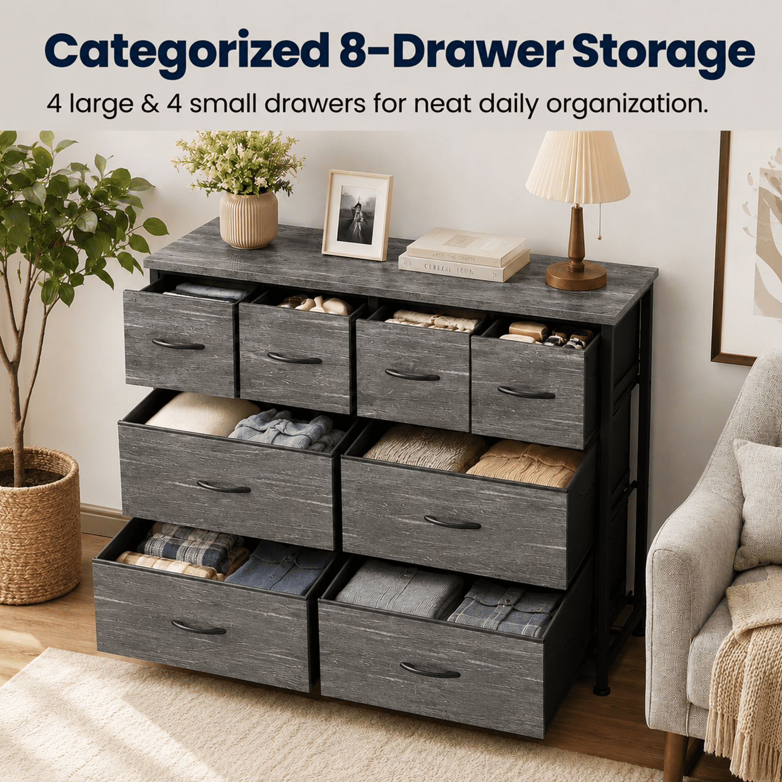 Alvantor Dresser for Bedroom with 8 Drawers, Fabric Dressers Storage Tower with Steel Frame Wood Tabletop, Storage Cabinet, Hallway, Closets