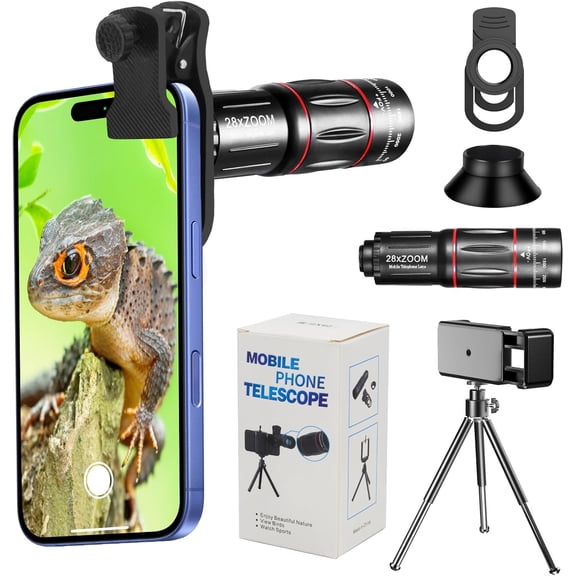 Phone Camera Lens Kit 28X Telephoto Lens for iPhone with E-Clip and Tripod, Suitable for Most (Black)
