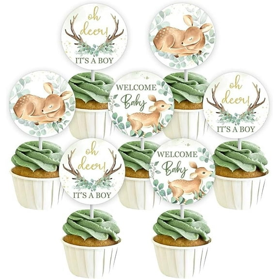 Deer Baby Shower Decorations for Boy, 24 Pieces Oh Deer It’s A Boy Cupcake Toppers, Welcome Baby Cupcake Picks Green, Deer Woodland Animal Baby Shower Party Supplies