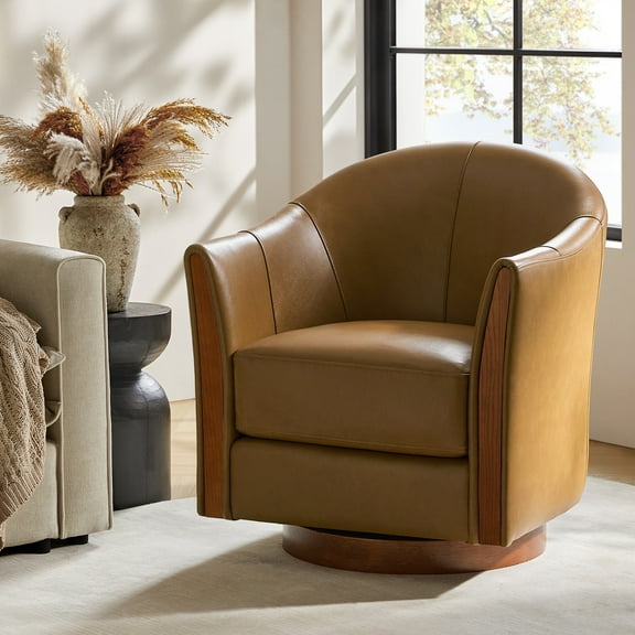 Genuine Leather Swivel Barrel Chair Modern Upholstered Armchair Solid Wooden Base Living Room Camel