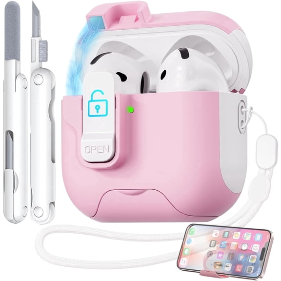 for AirPods 4 Case with Phone Stand, Pink Case Compatible with Apple AirPods 4th Gen 2024, Secure Lock & Magnetic Lid, with Cleaning Kit & Lanyard, Cute Cover for Women Girly, Drop-Proof