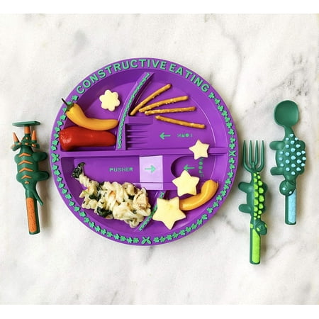 Constructive Eating Made in USA Combo with Set of 3 Dinosaur Utensils and Garden Fairy Plate for Toddlers, Infants, Babies and Kids - Made With Materials Tested for Safety