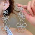 thumbnail image 2 of Triple Flower Dangle Earrings for Women Sterling Silver Post Cubic Zirconia Earrings Floral Tassel Drop Studs Dainty Fashion Ear Jewelry, 2 of 6