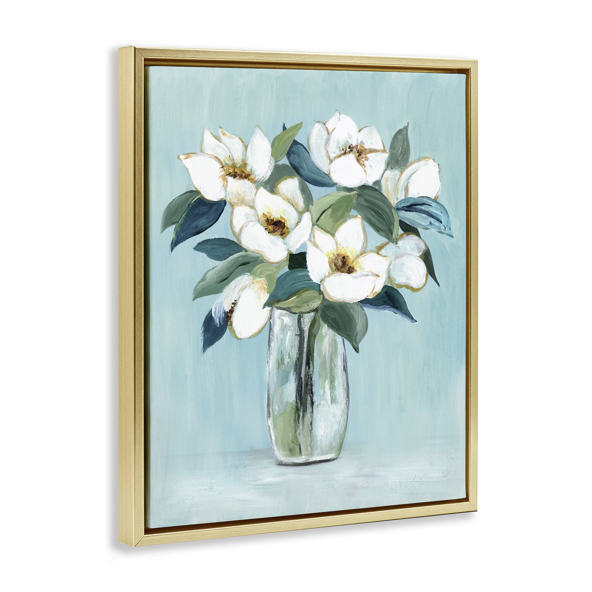 Stupell Industries Magnolia Blossoms on Blue Gold Framed Floater Canvas Wall Art, design by Janet Tava