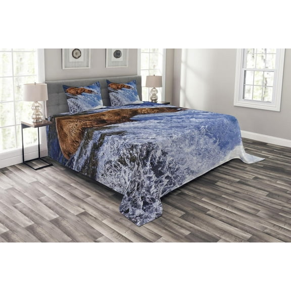 Ambesonne Nature Quilted Bedspread Set 3 Pcs, Grizzly Bear at Katmai, King Size, White Brown