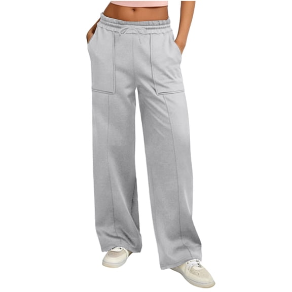 Lenpel Wide Leg Sweatpants for Women Elastic High Waisted Drawstring Lounge Pants Baggy Workout Casual Trousers with Pockets(Gray,X-Large)