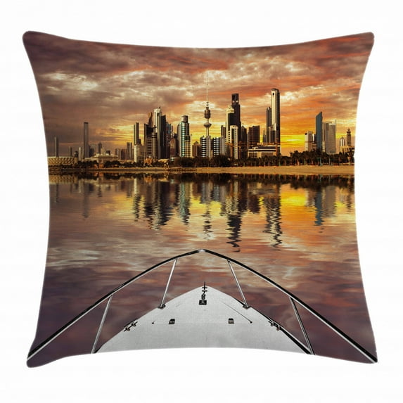 Travel Decor Throw Pillow Cushion Cover, Kuwait City Skyline From Sailboat Majestic Sky Skyscrapers Arabia Landscape, Decorative Square Accent Pillow Case, 18 X 18 Inches, Multicolor, by Ambesonne