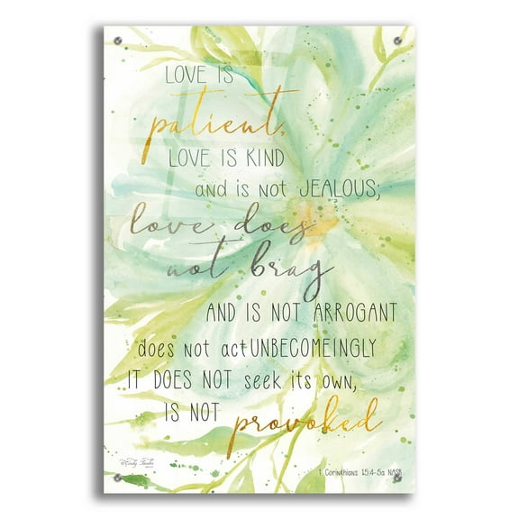 Epic Art 'Teal Love is Patient' by Cindy Jacobs, Acrylic Glass Wall Art, 24"x36"
