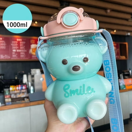 

TBOLINE New 1000ml Kawaii Bear Water Bottle Straw Student Plastic Water Cup (Blue)