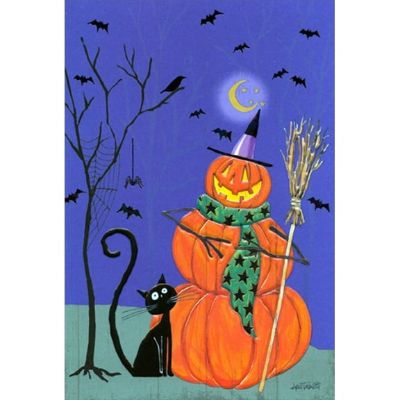 Pictura Jack-O-Lantern Person with Broom and Black Cat Halloween Card