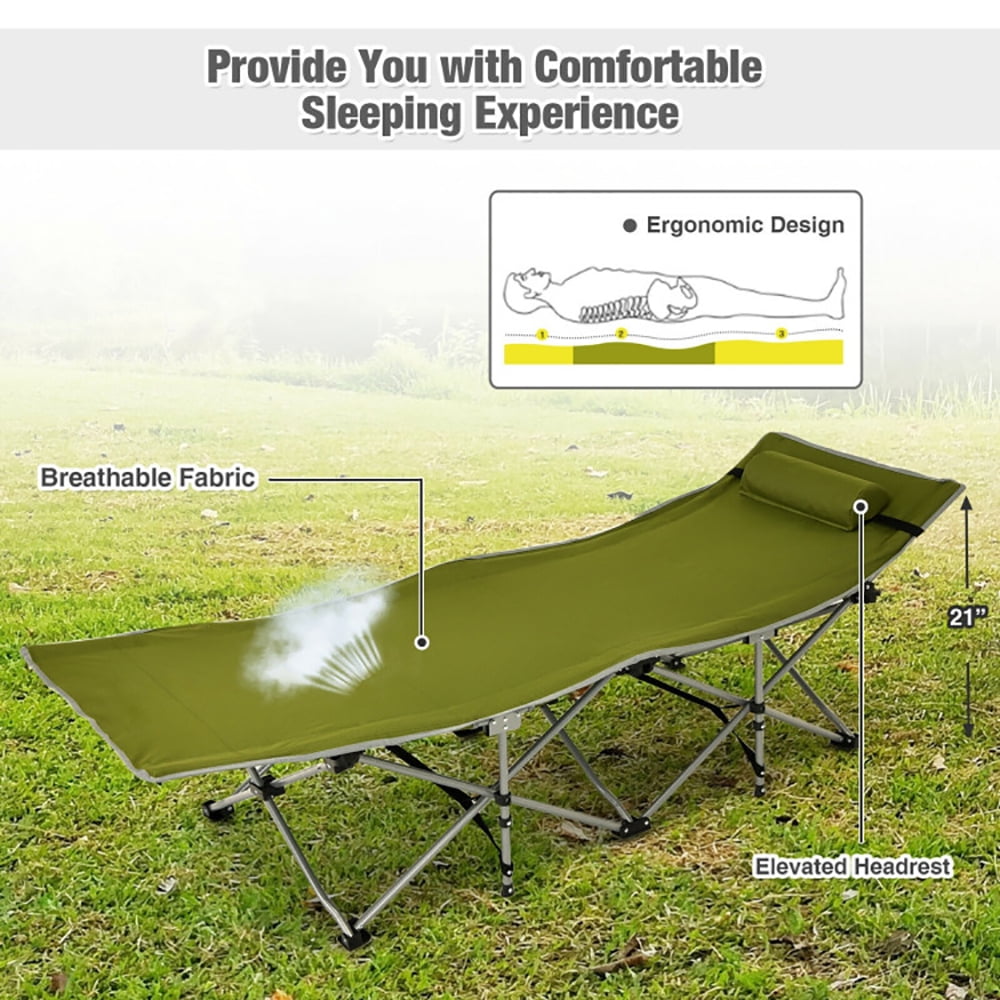 Aimee Lii Folding Camping Cot with Side Storage Pocket Detachable Headrest, Folding Sleeping Cot for Camping, Green