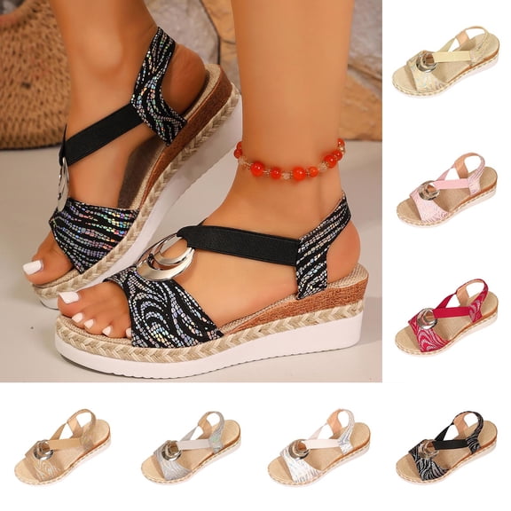 HomeDM Women's Wedge Sandals Espadrilles Platform Open Toe Ankle Strap Comfort Wedges Heels Summer Beach Shoes, Black Size 5.5