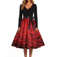 thumbnail image 4 of Halloween Dresses for Women Spider Bat Long Sleeve 1950s Hepburn Casual Dress V Neck Cocktail Funny Vintage Tea Length Dress with Belt XL, 4 of 5
