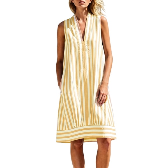 Lenpel Cotton Linen Dresses for Women Striped Casual V Neck Sleeveless Tank Dresses Knee Length Dress with Pocket Beach Vacation Sundresses