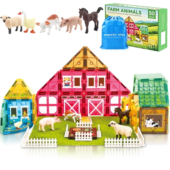 FunMagic Magnetic Tiles Farm Animal Toys Set for Toddles Kids, Montessori STEM Educational Magnetic Building Blocks for 3 Year Old Boys Girls