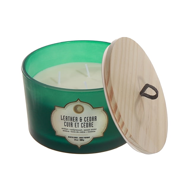 14Oz 3 Wick Green Jar Scented Candle With Lid Leather & Cedar - Set of 2