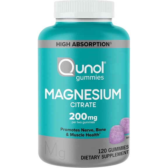 Qunol Magnesium Gummies for Adults, 200mg Elemental Magnesium (from 1,750mg Magnesium Citrate), High Absorption Magnesium Supplement, Supports Nerve, Bone and Muscle Health, Vegetarian, 120 Count