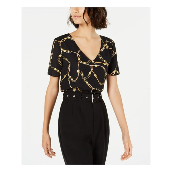 LEYDEN Womens Black Printed Short Sleeve V Neck Top Juniors Size: M